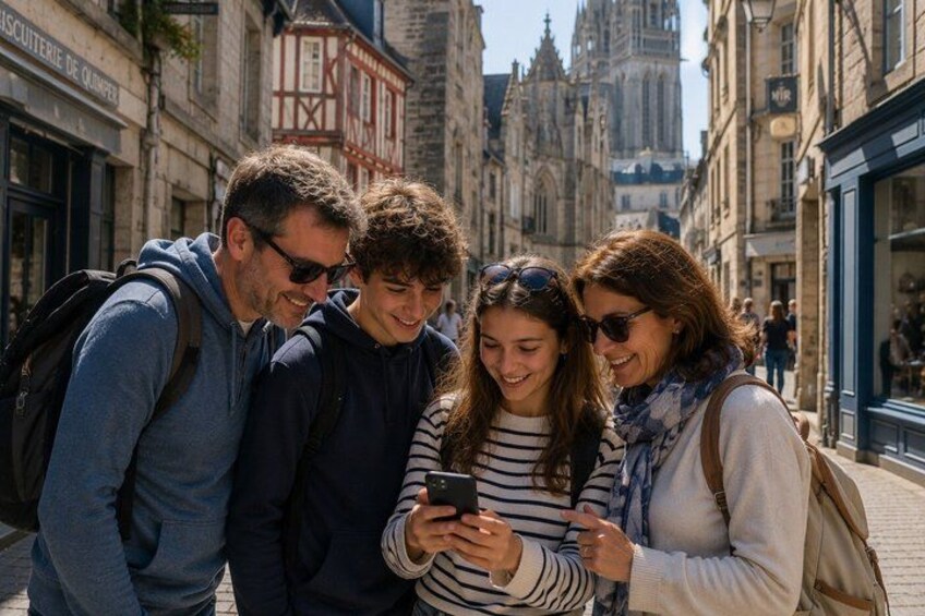 A group of people standing on a cobblestone street, looking at a smartphone. 2