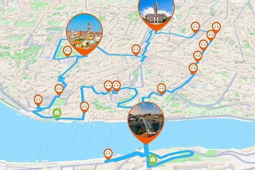 A city map with marked tourist attractions and a river. 5