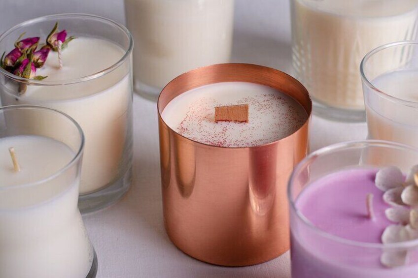 Various candles in different shapes and colors. 2