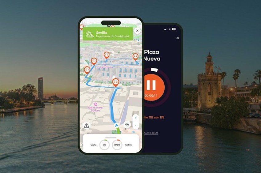 Een smartphone toont een kaart met een route en een muziekspeler-interface. 1