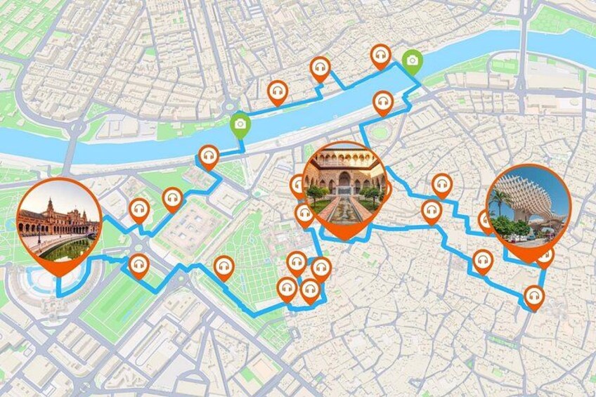 Een kaart met een blauwe route die bezienswaardigheden met elkaar verbindt, zoals een brug, een historisch gebouw en een moderne constructie. 5
