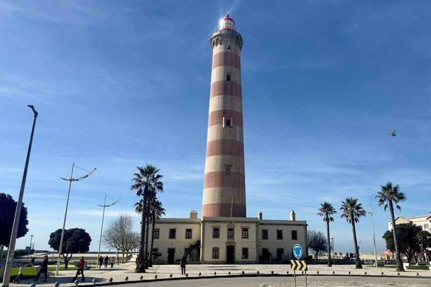 Un alto faro a rayas con la parte superior roja, rodeado de palmeras y un cielo azul despejado. 4