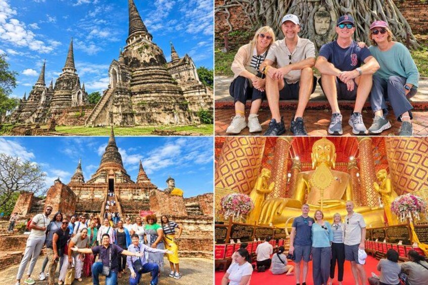 A temple complex with multiple structures, a large golden statue, and people posing in front. 1