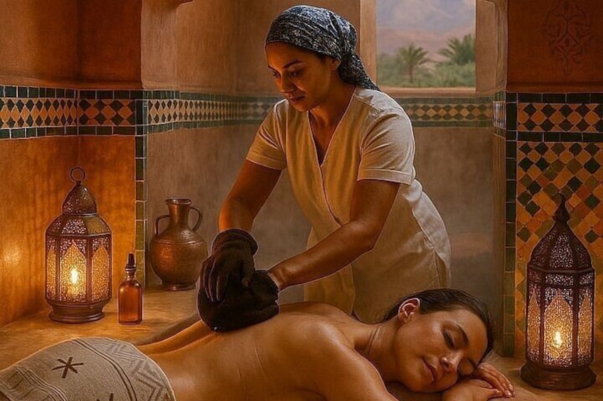 Een persoon ontvangt een massage in een kamer met traditionele decoratie, waaronder een lantaarn en een vaas. 3