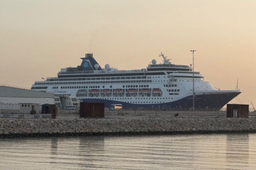 A large cruise ship docked at a pier with a rocky shoreline and a small building nearby. 3