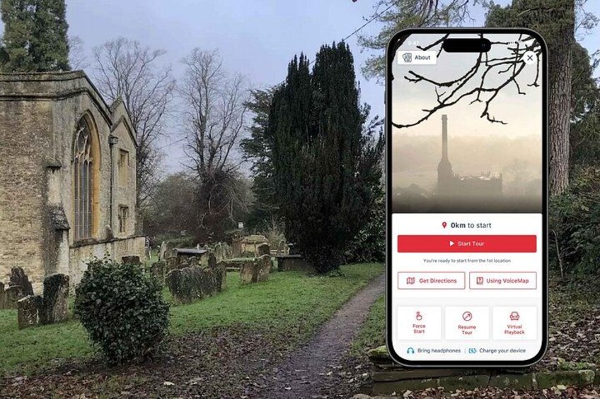 A smartphone displaying a map with a church and a path in a cemetery. 1