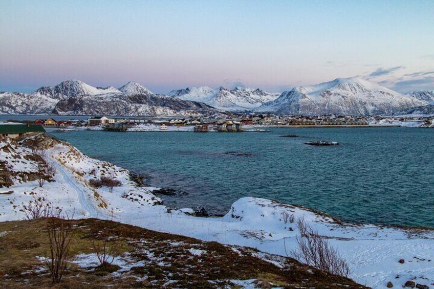 A snowy coastal landscape with mountains in the background and a calm sea. 5
