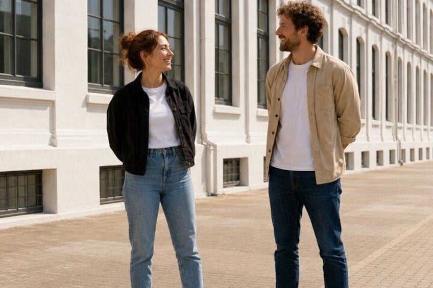 Two people standing on a paved area with a building in the background. 1