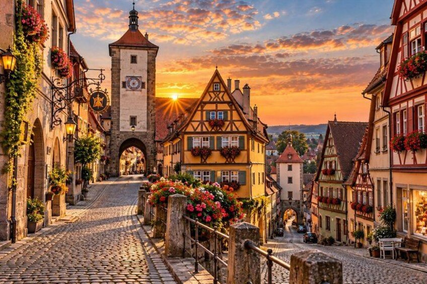 Une rue pavée bordée de maisons traditionnelles à colombages, une tour et un coucher de soleil. 2