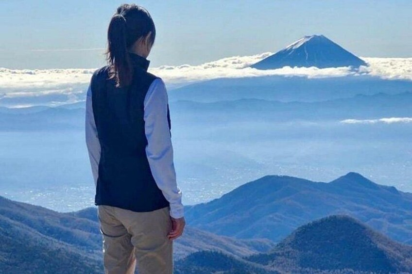 A person standing on a mountain overlooking a range of mountains and a snow-capped peak. 3