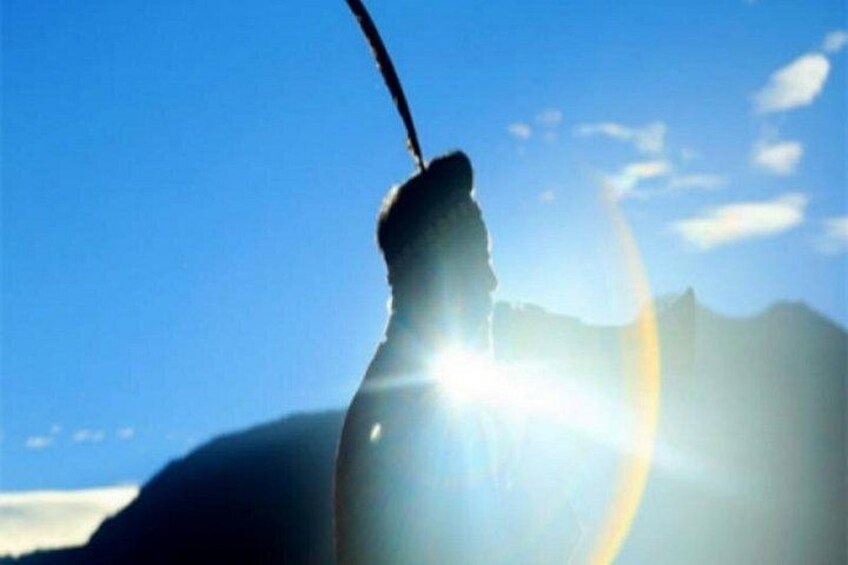 A silhouette of a person with a headlamp against a clear sky and mountains in the background. 5