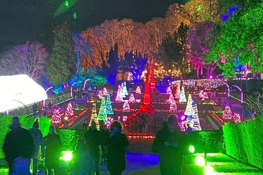 A nighttime view of a Christmas display with illuminated trees and lights. 3