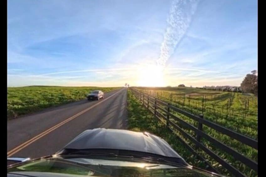A road with a car in the foreground and another vehicle in the distance, surrounded by green fields and a clear sky. 4