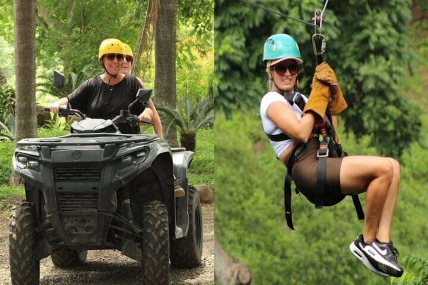 A person riding an ATV in a forested area and another person ziplining. 1
