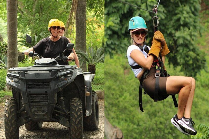 A person on an ATV and another person ziplining. 1