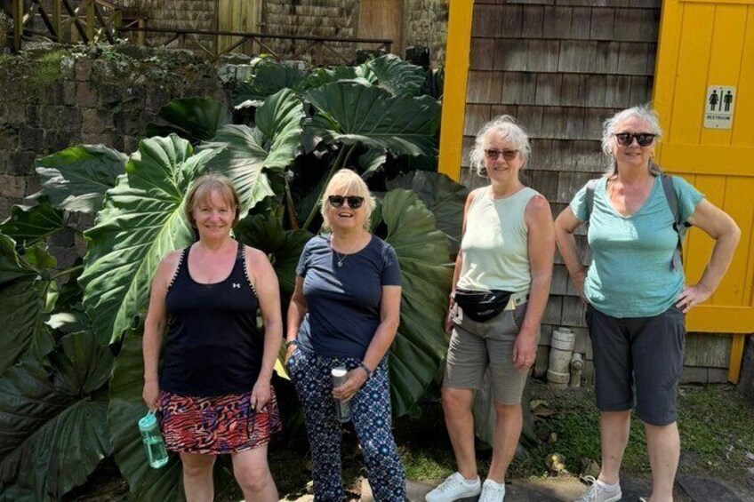 Four people standing in front of large green plants and a yellow building. 4