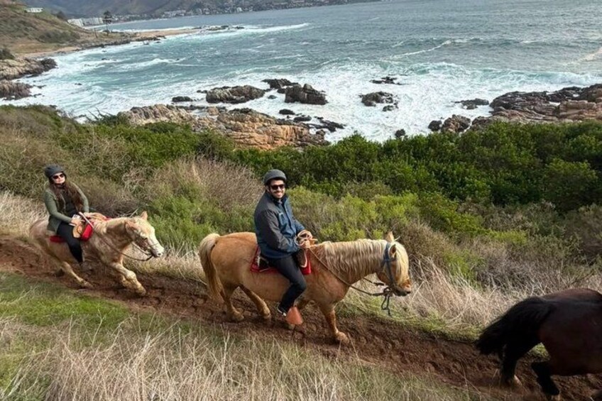 Twee mensen rijden op paarden op een kustpad, met oceaan in de verte. 2