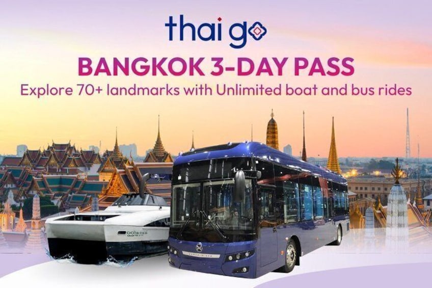 Pubblicità per un pass di 3 giorni a Bangkok con un'immagine di una barca e un autobus. 1
