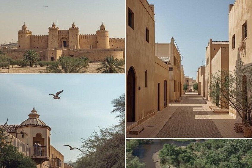 A historical fort, a narrow street lined with buildings, a domed structure, and a river. 2