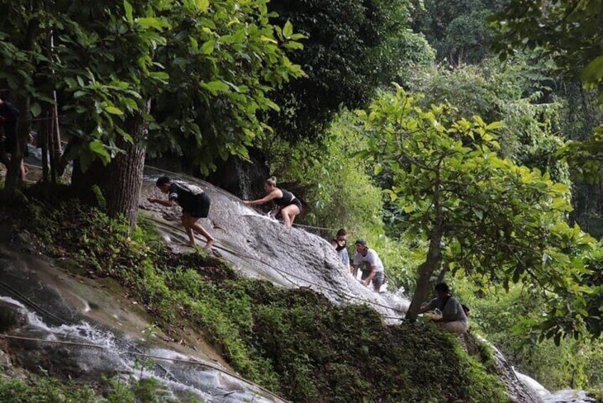 People climbing a rocky slope in a forested area. 1