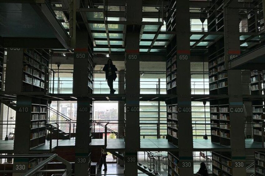 A library with multiple floors, bookshelves, and a person climbing a ladder. 5
