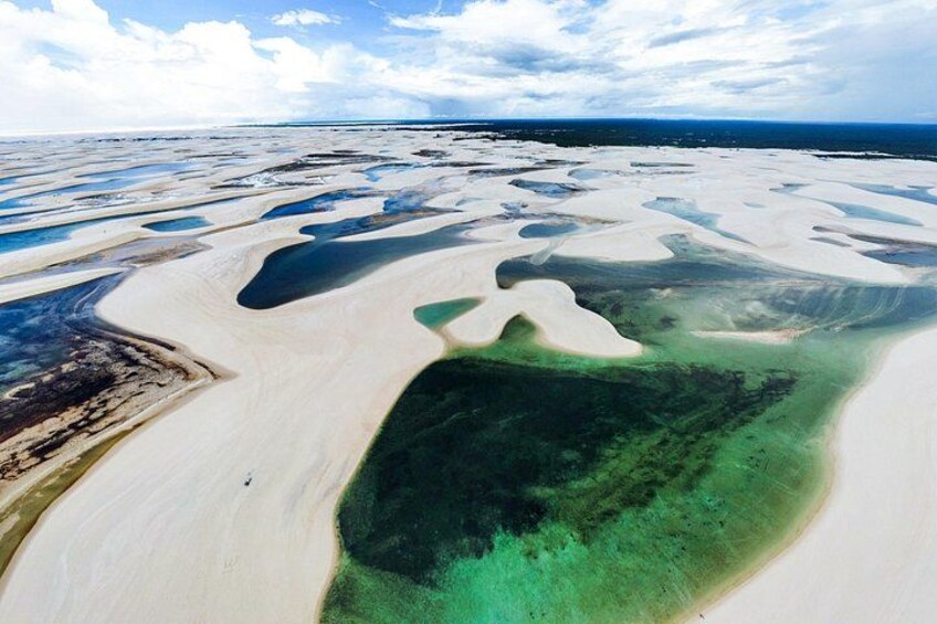 Un extenso paisaje arenoso con charcos de agua verdosa y cielo despejado. 2