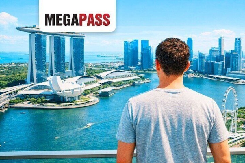 A cityscape with a prominent building resembling the Marina Bay Sands hotel, a large Ferris wheel, and a body of water. 1