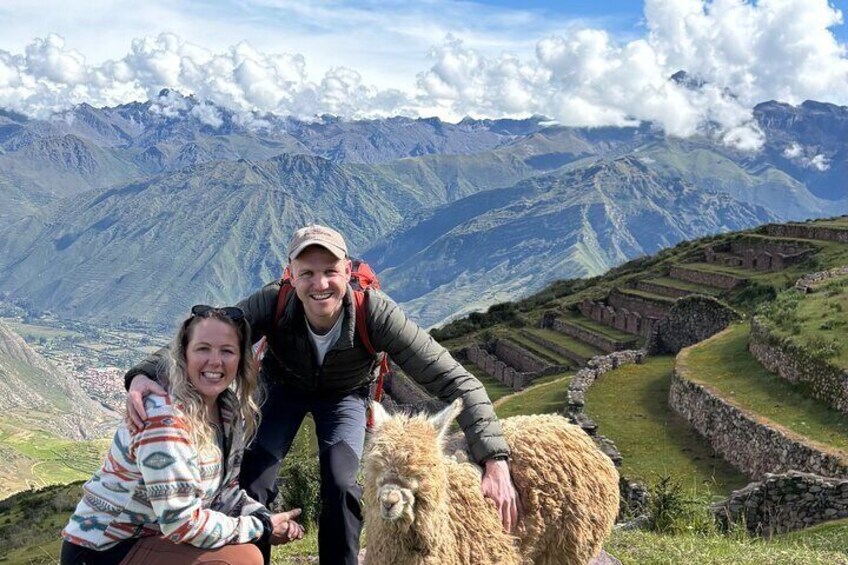 A person petting a sheep on a mountain with terraced fields and a valley in the background. 2