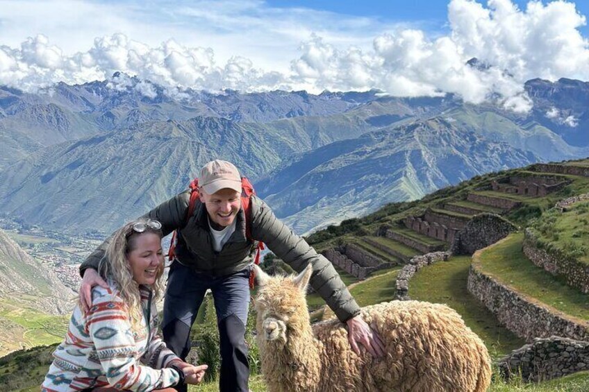 Two people petting a sheep on a mountain with terraced fields and a valley in the background. 3