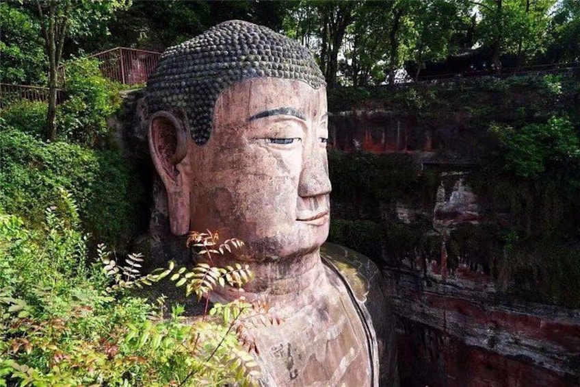 A large Buddha statue surrounded by greenery and a rocky cliff. 2