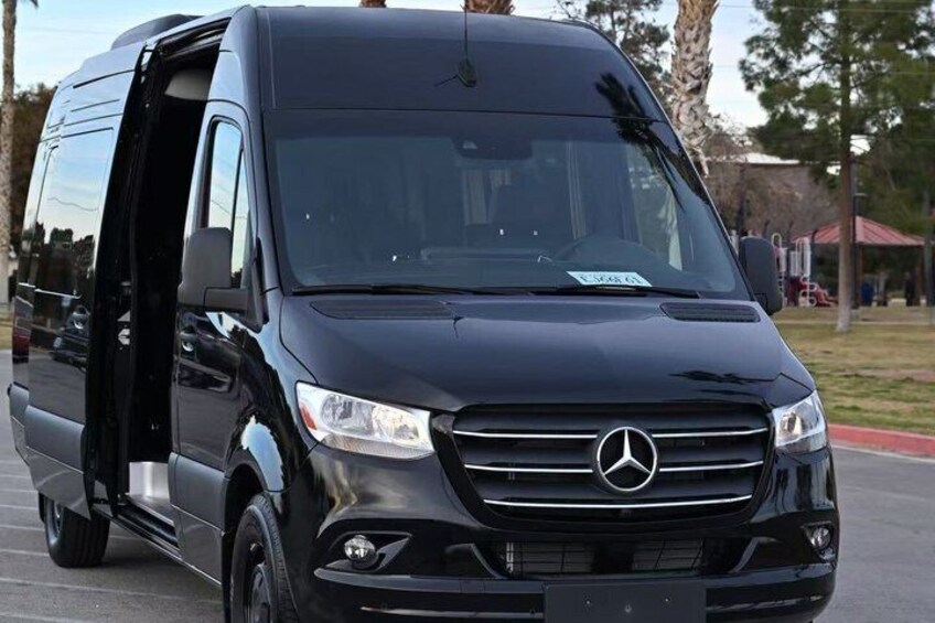 A black Mercedes van with its door open, parked on a street with trees and a building in the background. 4