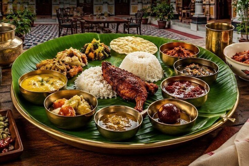 A traditional South Indian meal on a banana leaf with rice, chicken, and various curries. 3