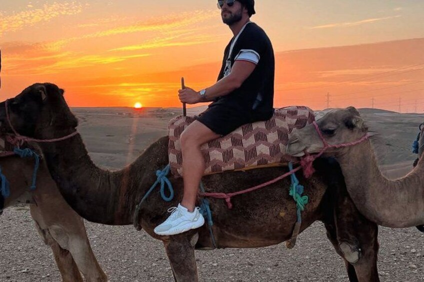 Una persona montando un camello con alforja, con un fondo de atardecer. 3