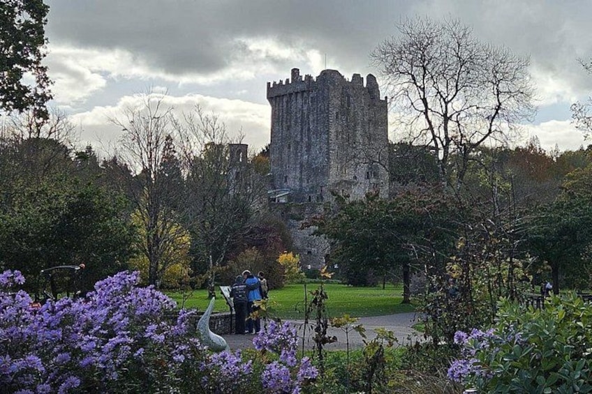 A castle surrounded by a park with purple flowers and a statue. 5