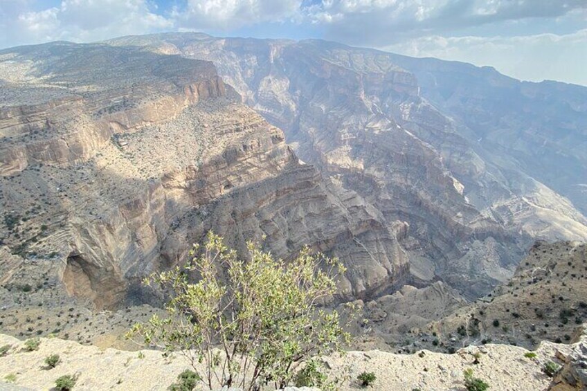 Een ruig canyonlandschap met gelaagde rotsformaties en schaarse begroeiing. 1