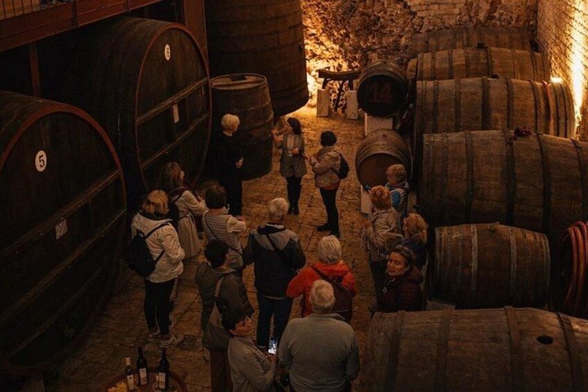 A group of people in a cellar with wooden barrels. 1