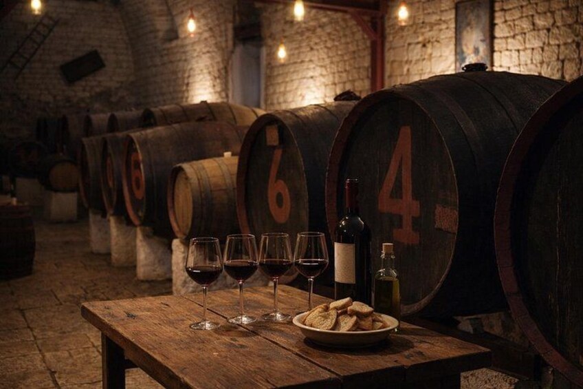 A rustic cellar with wooden barrels, wine glasses, and a bottle on a wooden table. 3