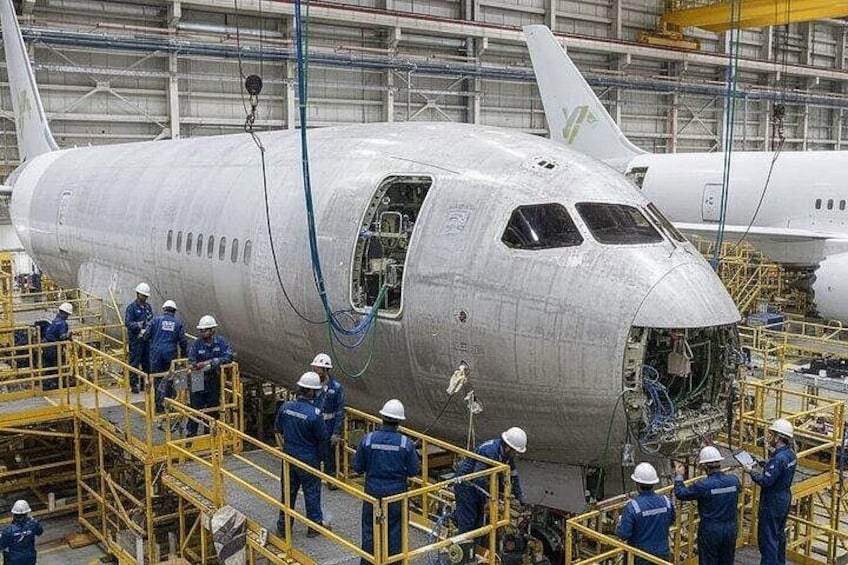 Een vliegtuig in een hangar, met werknemers in blauwe uniformen en helmen. 4