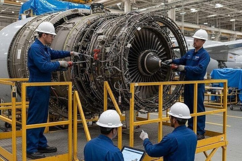 Mensen in blauwe overalls en witte helmen repareren een groot motoren voor een vliegtuig in een industriële omgeving. 5