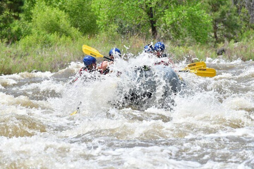 Two kayakers navigating a turbulent river surrounded by greenery. 1
