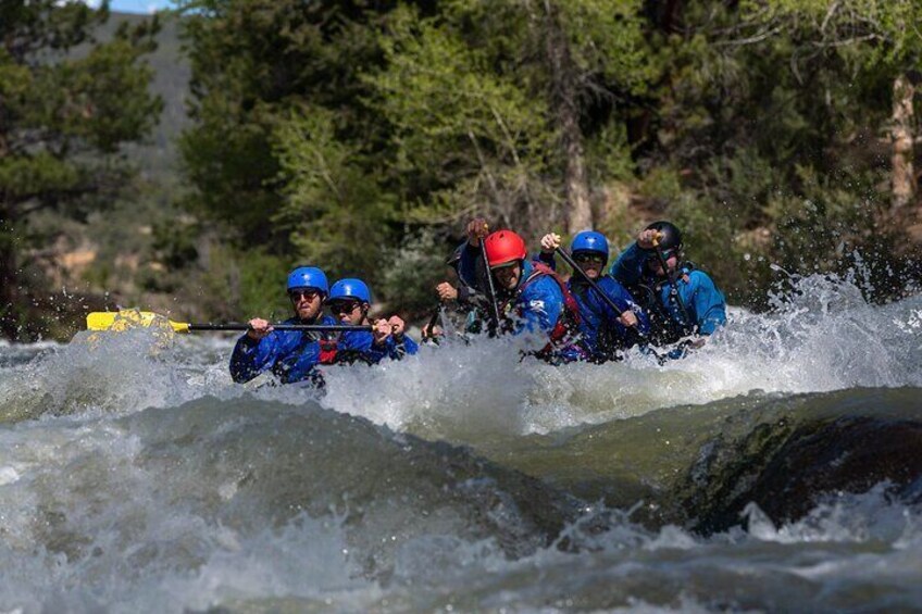 A group of people in blue jackets and helmets navigating a white water rapids on a river. 5