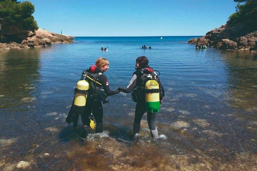 Two people in scuba diving gear standing in shallow water, holding hands. 1