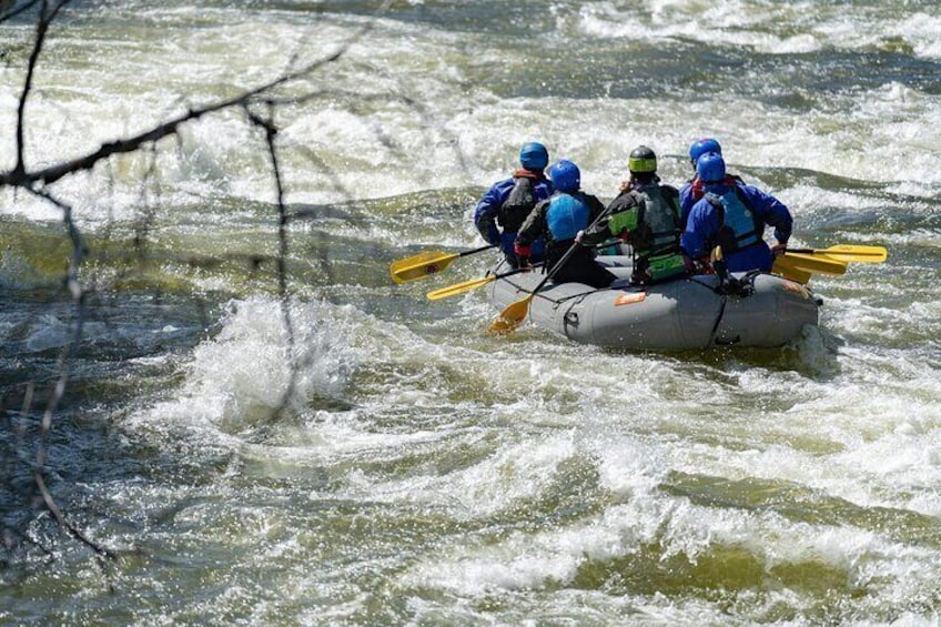 A group of people in a raft navigating a river with rapids. 5