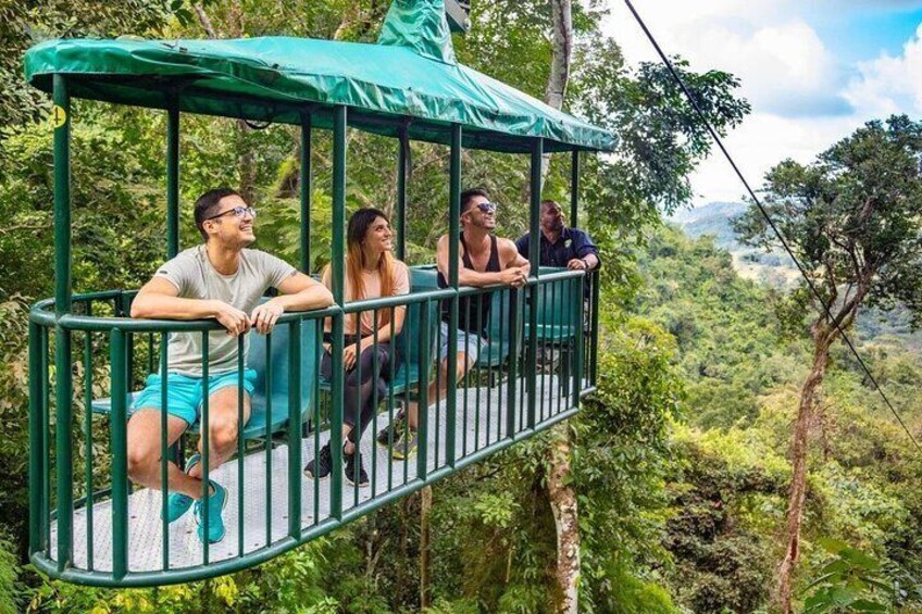 A cable car with passengers enjoying the view of a lush forest. 4