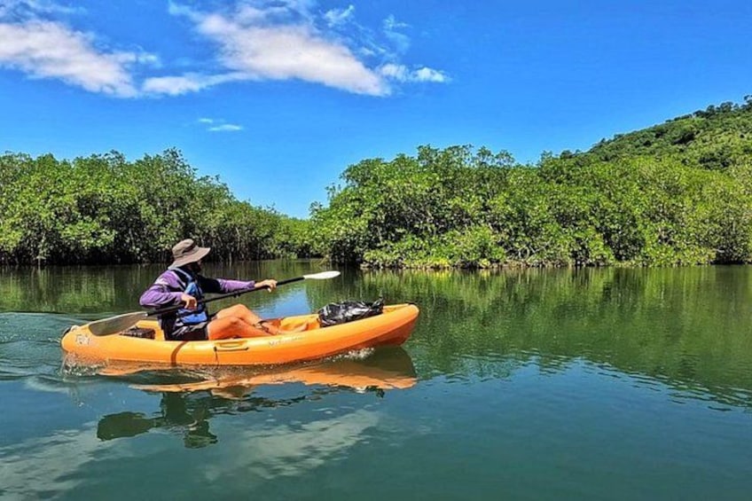A person kayaking on a calm river surrounded by lush greenery. 2