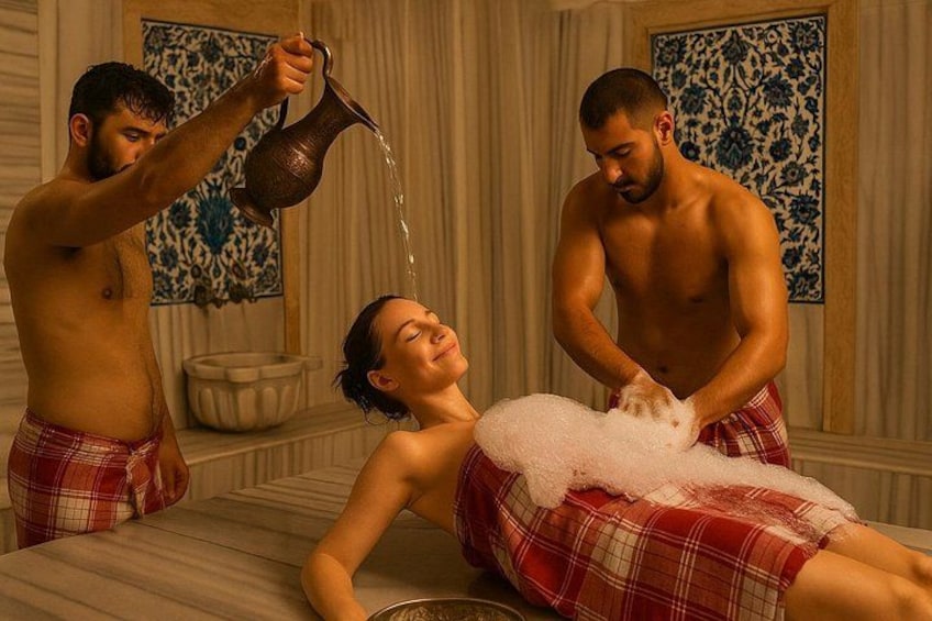 A person receiving a hot water treatment, with another person pouring water. 2
