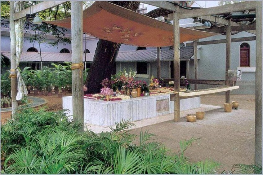 A covered outdoor area with a wooden structure, potted plants, and a bench. 5