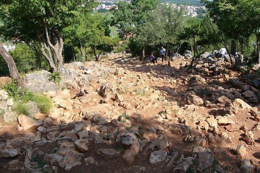 Terreno rocoso con árboles dispersos y una vista distante de un pueblo. 3