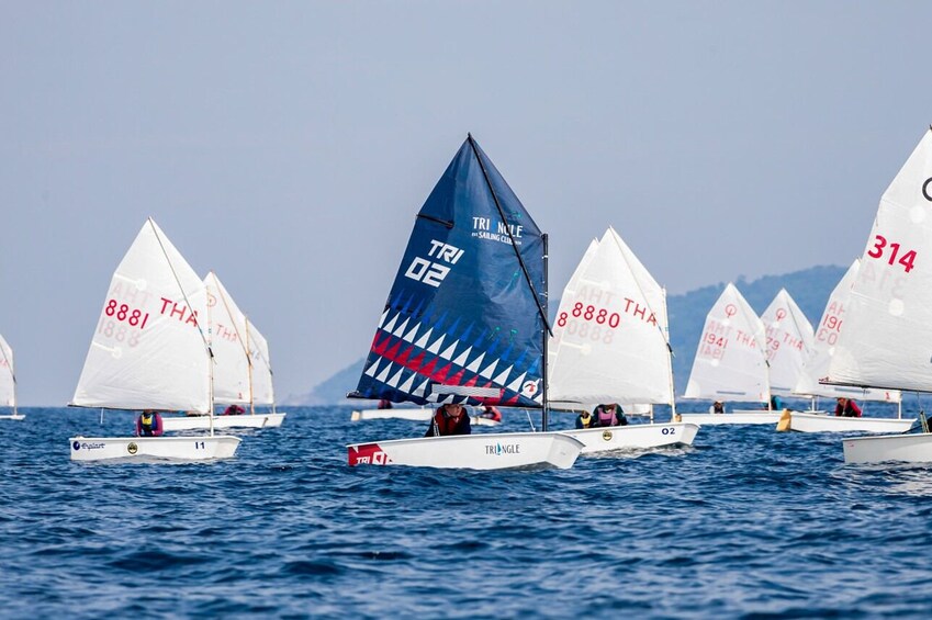 Una regata de vela con varios veleros en el agua, cada uno con números y diseños diferentes. 1