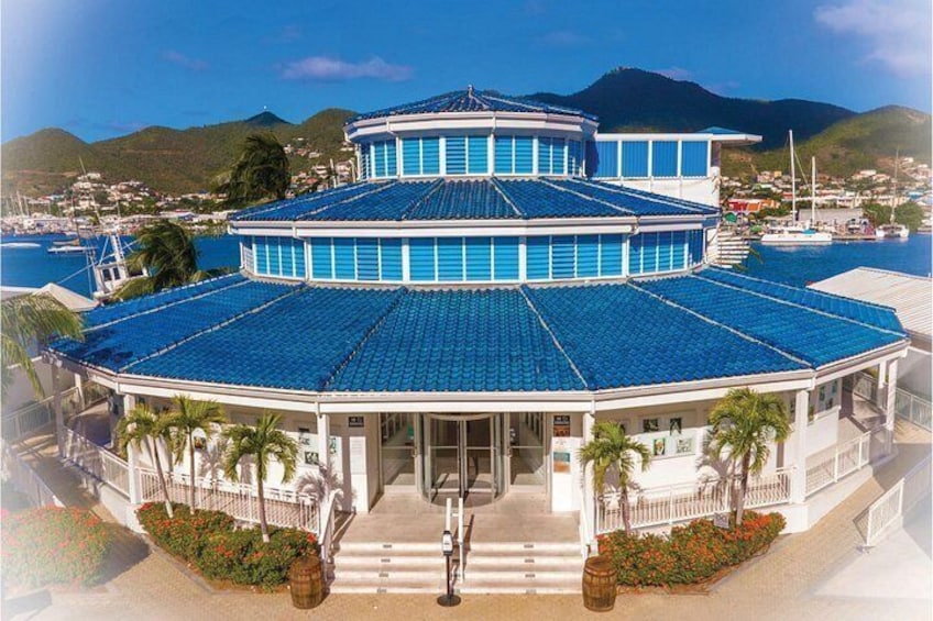 A multi-story building with a blue tiled roof, surrounded by palm trees and a marina with boats. 4